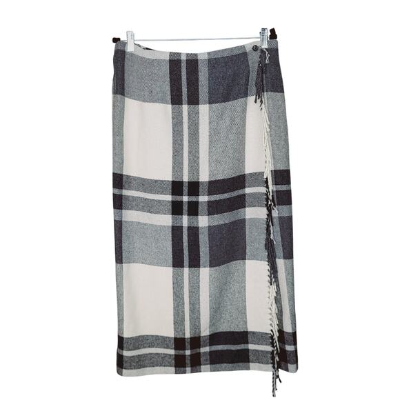 Worthington Gray Cream Plaid Fringe Wool Blend Wrap Maxi Skirt Size 16 Academia - Picture 4 of 10